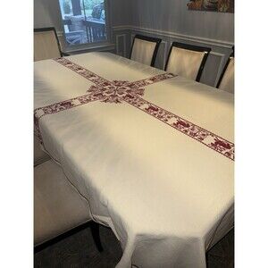Vintage Christmas Tablecloth Nordic Red Cross Stitch 116x65” Cream Holiday Folk